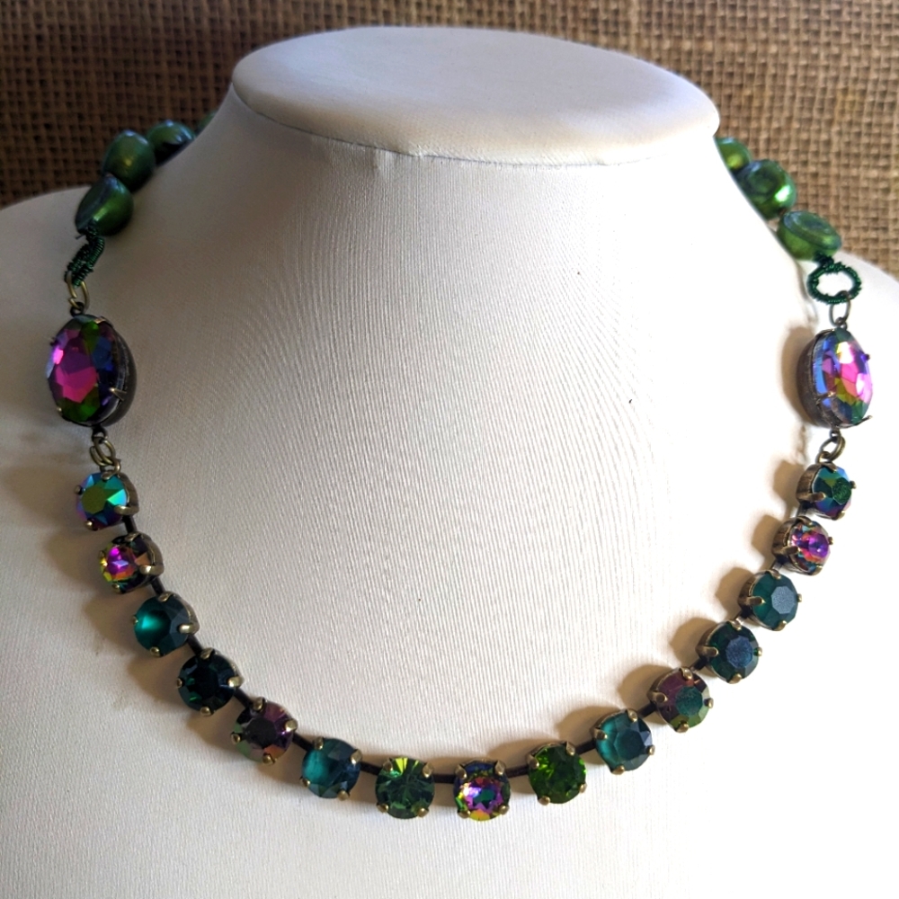 Green Volcano AB Crystals & Natural Green Baroque Pearls in  Brass Necklace